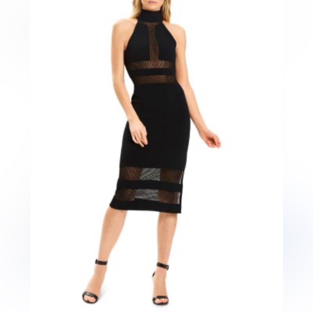 Bella Barnett Black Halter Mesh Panel Bodycon Bandage Cocktail Midi Dress M
